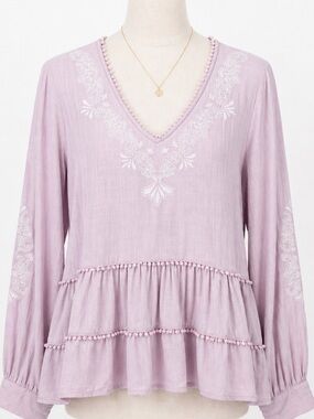 Fate Lavender M Embroidered Pom Pom Peplum Blouse Linen Blend Whimsy Feminine